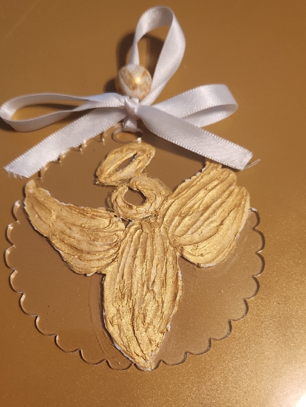 Scalloped Acrylic Disk With Gold Angel - Religious Ornament - White Satin Ribbon